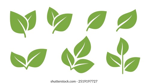 Leaf sprout icon vector set, green leaves plant eco logo symbol simple graphic illustration set, vegan fresh herb pictogram shape sign, organic natural healthy logotype image clip art 