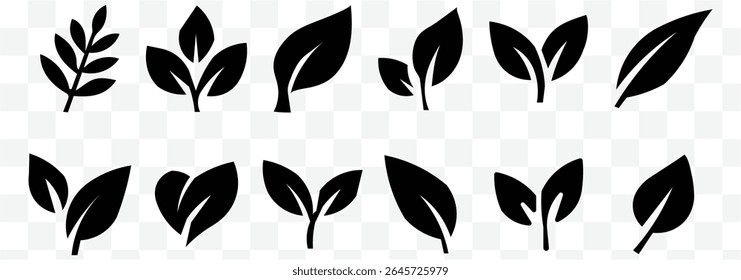 Leaf sprout icon vector set, black leaves plant eco logo symbol simple graphic illustration set, vegan fresh herb, organic natural healthy logotype Black leaf ecology nature element eps 10