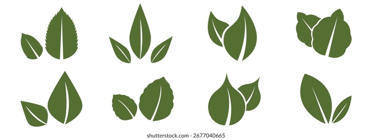 Conjunto de Vector de icono de brote de hoja, hojas verdes, símbolo de logotipo ecológico de planta, conjunto de ilustración gráfica simple, signo de forma de pictograma de hierba fresca vegana, logotipo saludable natural orgánico. Deja el conjunto de iconos de Vector. EPS 10