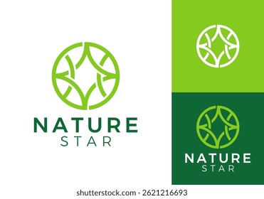 Blatt mit Stern Logo Design. hinterlässt die Natur mit Kreis abstrakte Ikone Vektorinspiration