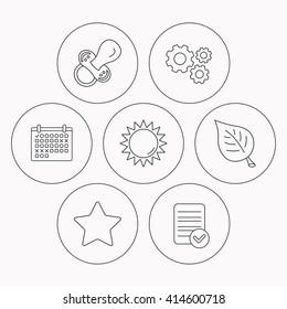Leaf, star and sun icons. Pacifier linear sign. Check file, calendar and cogwheel icons. Vector