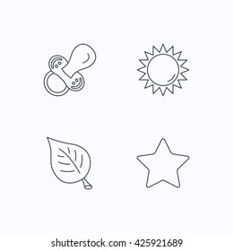 Leaf, star and sun icons. Pacifier linear sign. Flat linear icons on white background. Vector