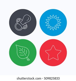 Leaf, star and sun icons. Pacifier linear sign. Linear icons on colored buttons. Flat web symbols. Vector