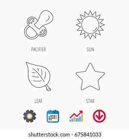 Leaf, star and sun icons. Pacifier linear sign. Calendar, Graph chart and Cogwheel signs. Download colored web icon. Vector