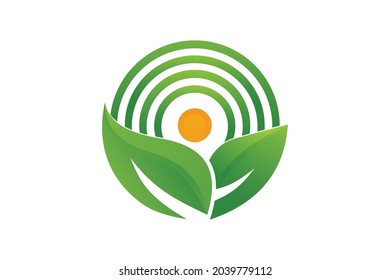 Leaf and sun in circle, farmer's product emblem, natural organic logo.