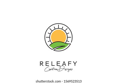 Leaf Sun Logo - Line art logo, sunrise vector, sunset icon
