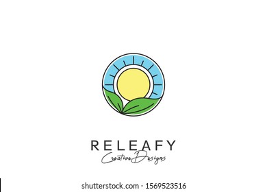 Leaf Sun Logo - Line art logo, sunrise vector, sunset icon