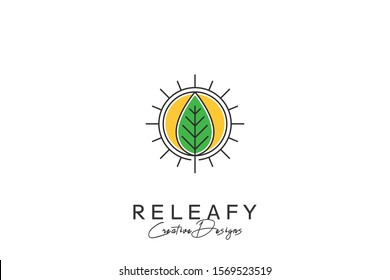 Leaf Sun Logo - Line art logo, sunrise vector, sunset icon