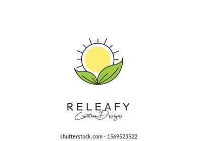 Leaf Sun Logo - Line art logo, sunrise vector, sunset icon