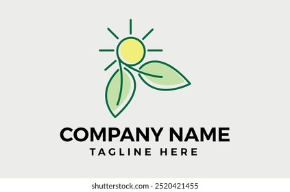 Leaf and sun logo symbol for organic green Farm, natural line art style, editable vector lillustration.