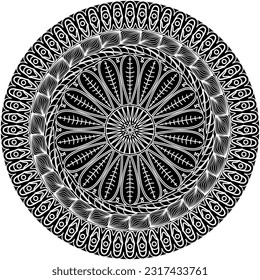 Leaf and sun mandala with white lines on black background.