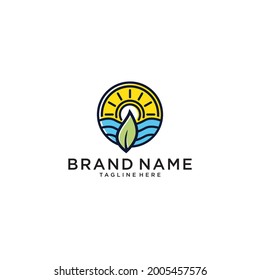 leaf sun rise outline  illustration design Premium Vector template.
