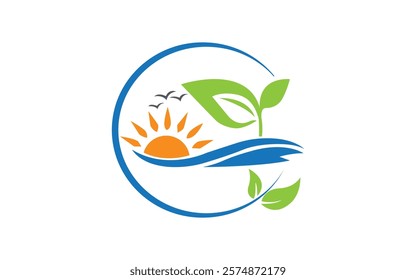 Leaf with sunbeam. Leaf and sea icon Sunset beach logo vector icon Pro