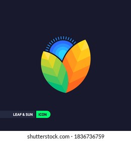 Leaf With Sunshine Icon. Vector Illustration