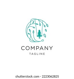 Leaf swing girl line with nature flower logo design template flat vector