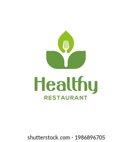  leaf symbol with fork for healthy restaurant logo