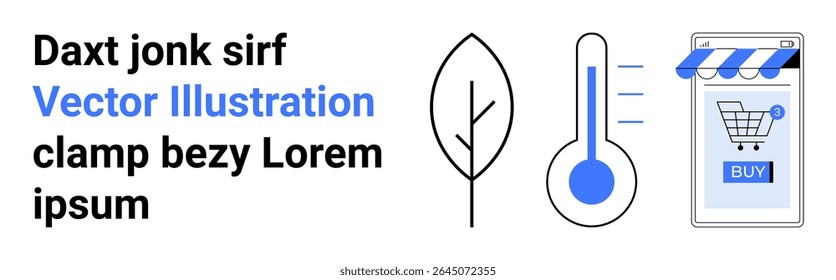 Leaf symbol, thermometer with blue indicator lines, and a smartphone screen displaying an online store with a shopping cart icon. Ideal for sustainability, climate awareness, e-commerce, mobile apps