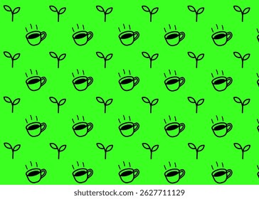 A Leaf and tea drink illustration pattern with green background, drink packaging, menu illustration hand drawn print ads, drink business, cafe