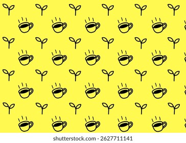 A Leaf and tea drink illustration pattern with yellow background, drink packaging, menu illustration hand drawn print ads, drink business, cafe