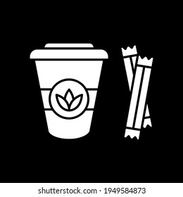 Leaf tea to go dark mode glyph icon. Add sugar to natural drink. Disposable cup. Coffee shop takeout. Drink take away. White silhouette symbol on black space. Vector isolated illustration