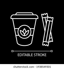 Leaf tea to go white linear icon for dark theme. Add sugar to natural drink. Disposable cup. Thin line customizable illustration. Isolated vector contour symbol for night mode. Editable stroke