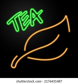 leaf tea neon sign, modern glowing banner design, colorful modern design trends on black background. Vector illustration.