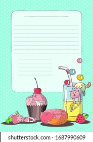 Leaf template, notepad template, cookbook page, turquoise background, multi-colored cat-cake, pink marmalade and bright sweets, a glass of lemonade with a kitten