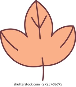Folha com três lóbulos e contorno em negrito, detalhe de veia limpa e forma lisa. Símbolo de outono, natureza, colheita, calma e temas ecológicos para marca sazonal. Ilustração de vetor de desenhos animados.