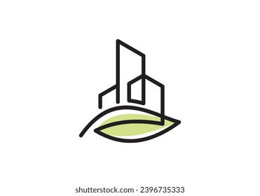 leaf tree building tower logo design. simple modern line symbol vector