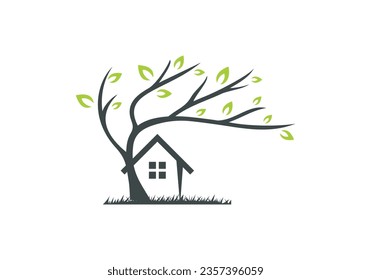 leaf tree home logo design. simple modern line symbol vector