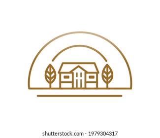 Leaf, tree and house logo concept with line art style. Real estate - environment design template. Vector Illustration