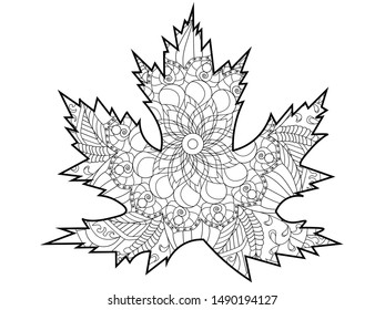 Leaf of a tree, maple. Coloring page. Colorless and color samples for adult antistress coloring book cover. Vector