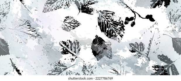 Leaf Tree Seamless Pattern. Leaves Trees, Shrubs Stamp Effect. Neutral, Aesthetic Pattern. Texture Spots Watercolor Overlay. Transparency Wallpaper Rustic Modern Design. Fancy Delicate Fabric Textile.
