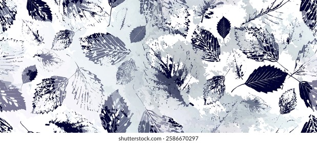 Leaf Tree Seamless Pattern. Leaves Trees, Shrubs Stamp Effect. Neutral, Aesthetic Pattern. Texture Spots Watercolor Overlay. Transparency Wallpaper Rustic Modern Design. Fancy Delicate Fabric Textile.