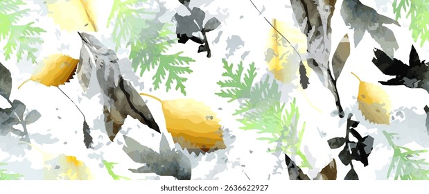 Leaf Tree Seamless Pattern. Leaves Trees, Shrubs Stamp Effect. Neutral, Aesthetic Pattern. Texture Spots Watercolor Overlay. Transparency Wallpaper Rustic Modern Design. Fancy Delicate Fabric Textile.