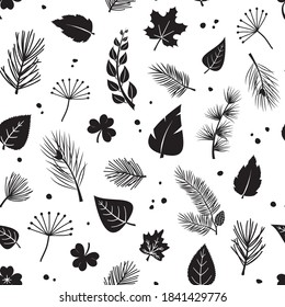 Leaf tree vector seamless pattern, plant print fir and pine cone, evergreen, leaves different shapes, black silhouettes isolated on white background. Nature illustration