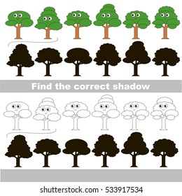 Leaf trees set with shadows to find the correct one. Game to compare and connect objects and their true shadows, the educational kid gaming, logic game with simple game level for preschool children.