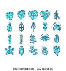 leaf tropical plant palm jungle doodle icons set vector. sketch line art summer exotic, green foliage, nature forest, botanical tree, floral garden, spring tropical palm jungle color illustrations