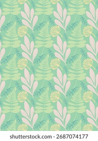 Hoja tropical sin fisuras patrón línea elemento de arte abstracto. Hojas botánicas dibujadas a mano color pastel fondo de Vector. Follaje delinea estilo plano otoño ilustración. Diseño para impresión, textil, abrigo, papel.