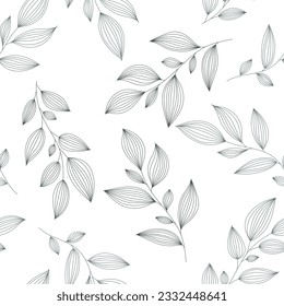 Leaf and twig thin line outline. Beautiful botanical seamless pattern of contour leaves