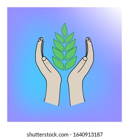 Leaf in two palms on colorful background. Modern symbol for ecology, environment, nature, agriculture. Template for logo, template, t shirt, card, poster. Design element. Vector illustration