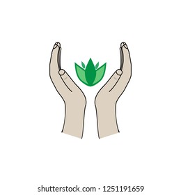 Leaf in two palms on white background sign. Modern symbol for ecology, environment, nature, agriculture. Template for logo, template, t shirt, card, poster. Design element. Vector illustration
