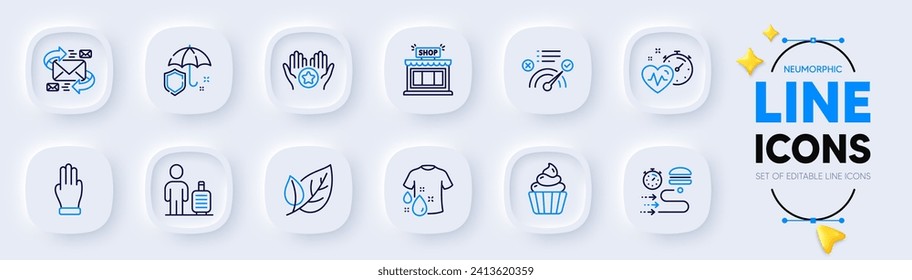 Leaf, Umbrella and Three fingers line icons for web app. Pack of E-mail, Favorite, Food delivery pictogram icons. Cardio training, Cupcake, Wash t-shirt signs. Correct answer, Shop, Baggage. Vector