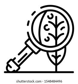 Leaf under magnify glass icon. Outline leaf under magnify glass vector icon for web design isolated on white background
