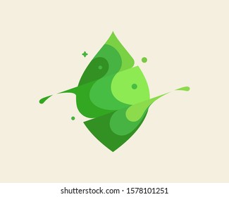 Leaf vector colorful modern minimal style illustration. Green eco icon logo splash concept explosion with drops. Nature park tree vector logo emblem symbol logotype