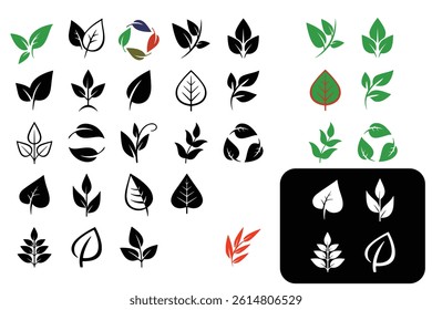 leaf vector icon set nature green plant tree eco environment design illustration graphic symbol organic forest botanical element template isolated outline modern abstract logo flat clean shape m