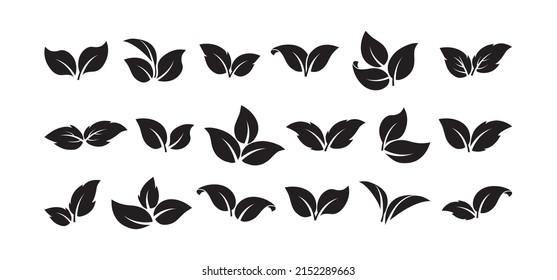 Leaf vector icon, sprout plant set, organic foliage, bio sign different shape. Simple black silhouettes isolated on white background. Nature illustration