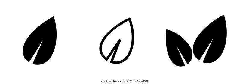 Leaf vector icons. Eco leaf logo. Simple linear leaves of trees and plants. Elements for eco friendly and bio logo,vegan. Black leaves collection. Outline ecology leaf symbol.