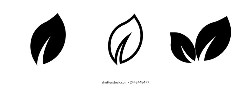 Leaf vector icons. Eco leaf logo. Simple linear leaves of trees and plants. Elements for eco friendly and bio logo,vegan. Black leaves collection. Ecology leaf element.