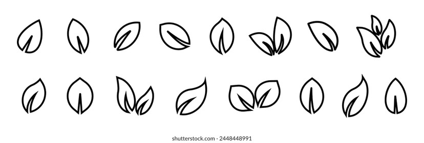 Leaf vector icons. Eco leaf logo. Simple linear leaves of trees and plants. Elements for eco friendly and bio logo,vegan. Black leaves collection. Ecology leaf element.